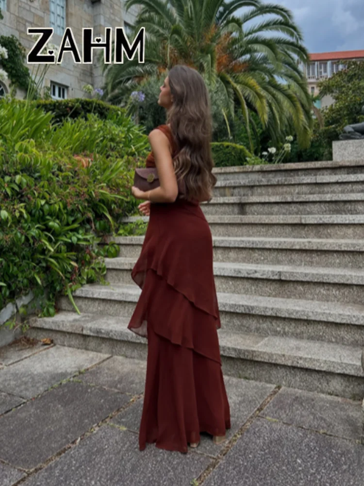 Ammoudi — Cascading Ruffle Maxi Dress in Wine